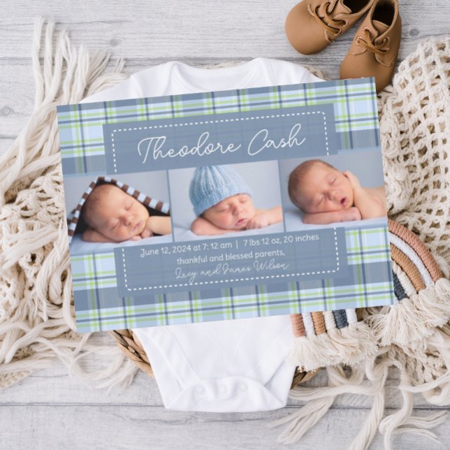 Doce Menino Xadrez Anúncio de Nascimento do Bebê (Blue Baby Birth Announcement, boy birth announcement, birth announcement template, plaid birth )
