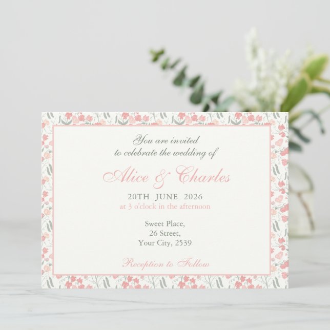 Doce Pea Floral PInk e Convite para Casamento de C (Em pé/Frente)