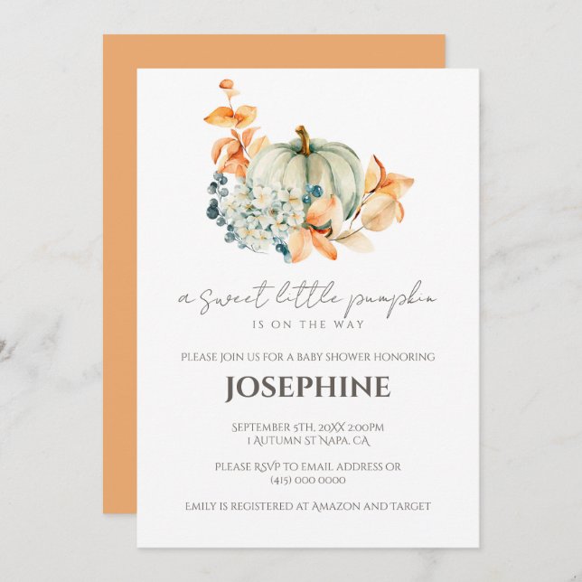 Doce Pequeno Chá de fraldas de Abóbora Convite (Frente/Verso)