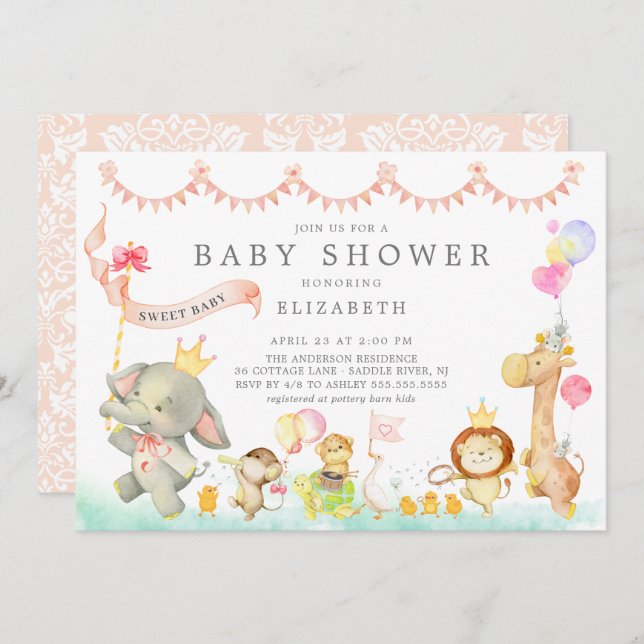 Doce Safari Animal Parade Convite para Chá de fral (Frente/Verso)