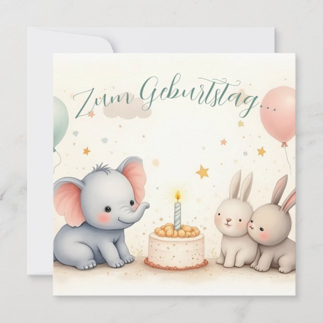Doce saudação de aniversário com amigos animais (Frente)