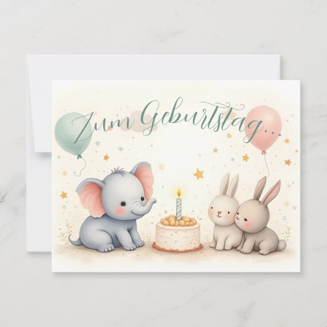 Doce saudação de aniversário com amigos animais (Frente)