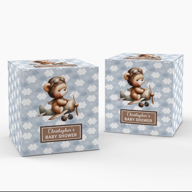 Doce ursinho-piloto chá favorito caixa azul (Charming Teddy Bear Pilot Boy Baby Favor Box)