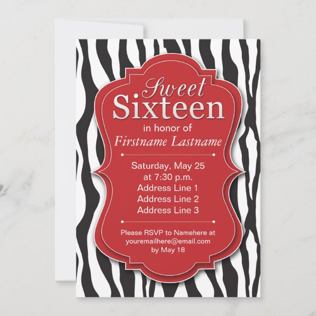 Doce vermelho do impressão da zebra 16 convites do (Frente)