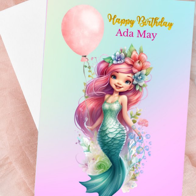 Docente Cartão de Aniversário de Sereia Personaliz (Mermaid Happy Birthday Card)