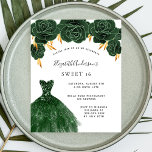 Doces 16 de ouro verde vestido de floral convite o<br><div class="desc">Um convite moderno, na moda e glamouroso para uma doce festa de aniversário 16, 16. Na frente: Um fundo branco com poeira brilhante verde, um vestido verde esmeralda e rosas verdes, florais. O nome é escrito com um moderno estilo escrito à mão. Personalize e adicione os detalhes da sua festa....</div>