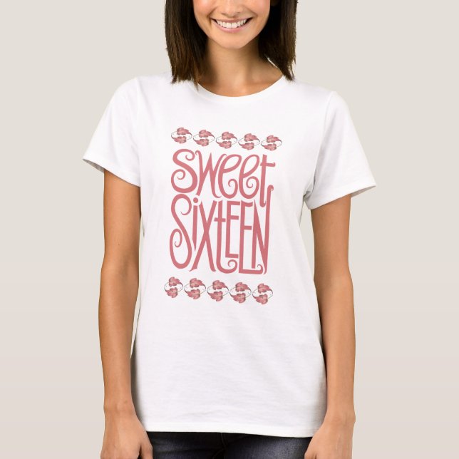 Doces 16 T-shirt de folha cor de rosa (Frente)