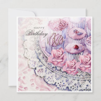 Doces de aquarela e cartão de aniversário de flore