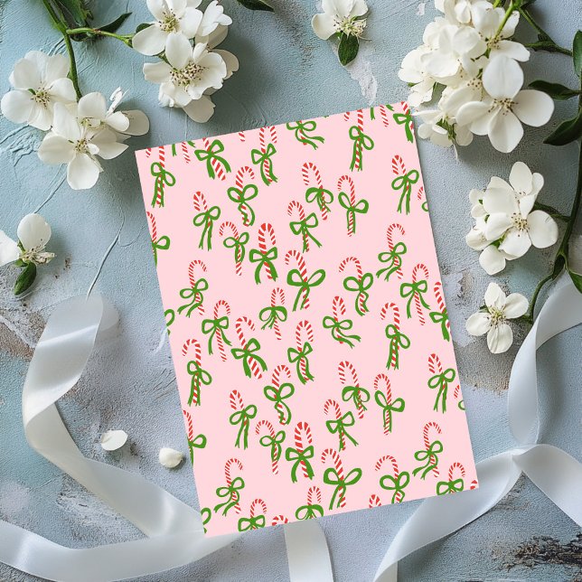 Doces de Natal Bonitos Canes Flat Card de Natal (Cute Christmas Candy Canes Pink Bows Xmas Holiday Flat Card
)