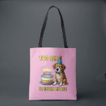 Dog Birthday Cake Funny Quote Tote Bag<br><div class="desc">Celebrate Your Pet with Style Make every outing a celebration with our Funny Dog Birthday Quote Tote. This medium 16" x 16" bag features a hilarious 90s Style Humorous Pet Bag design of a dog in a party hat with a cake, alongside the witty phrase, "Too old to fetch my...</div>
