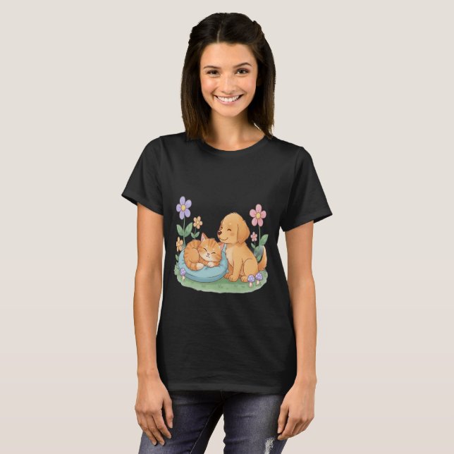 Dog & Cat in Nature – Cute Animal T-Shirt for Pet  (Frente Completa)