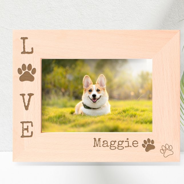 Dog LOVE Paw Imprime Foto Personalizada Moderna (Personalized LOVE paw print photo frame.)