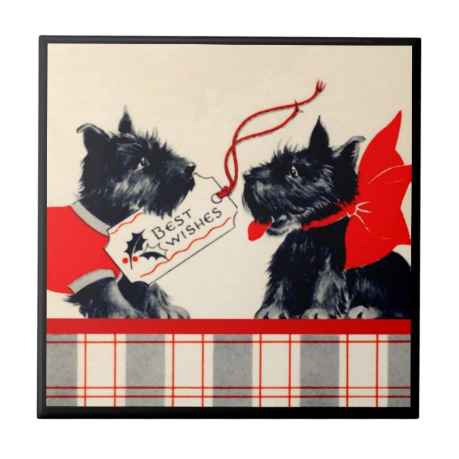 Dois Cachorros Scottie Sm. (4,25" x 4,25") Azulejo (Frente)