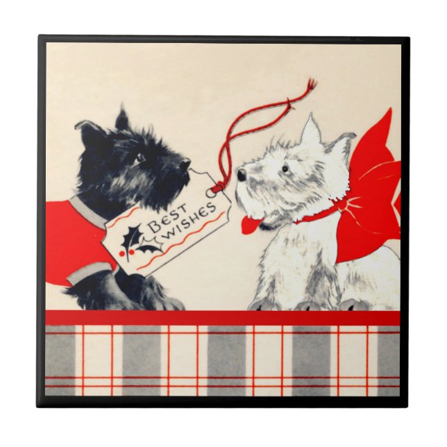 Dois Cachorros Scottie Sm. (4,25" x 4,25") Azulejo (Frente)