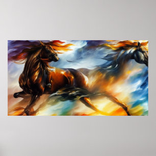 Dois cavalos galopando a abstrato moderna poster
