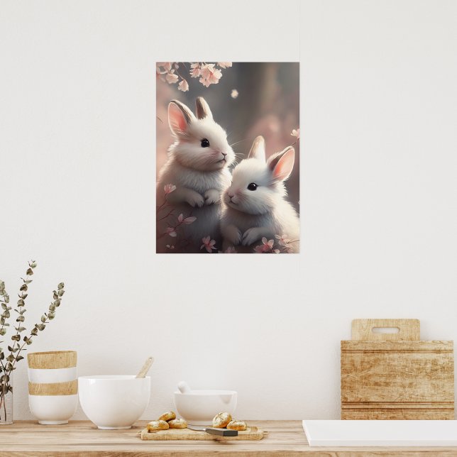 Dois coelhos bonitos com Poster de sakura (Cozinha)