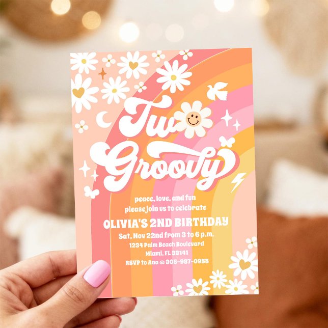 Dois Convites de Aniversário de 2 Anos Groovy Retr (Criador carregado)