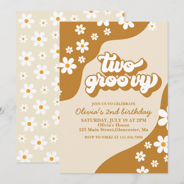 Dois Convites de Aniversário de 2 Anos Groovy Retr (Frente/Verso)