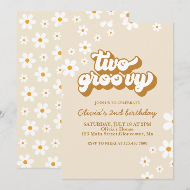 Dois Convites de Aniversário de 2 Anos Groovy Retr (Frente/Verso)