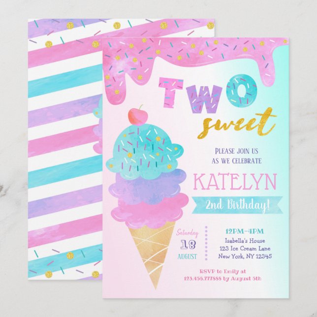 Dois Convites de aniversário de Sorvete Doce (Frente/Verso)