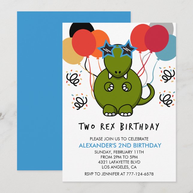Dois convites de aniversário rex Dinossauro engraç (Frente/Verso)