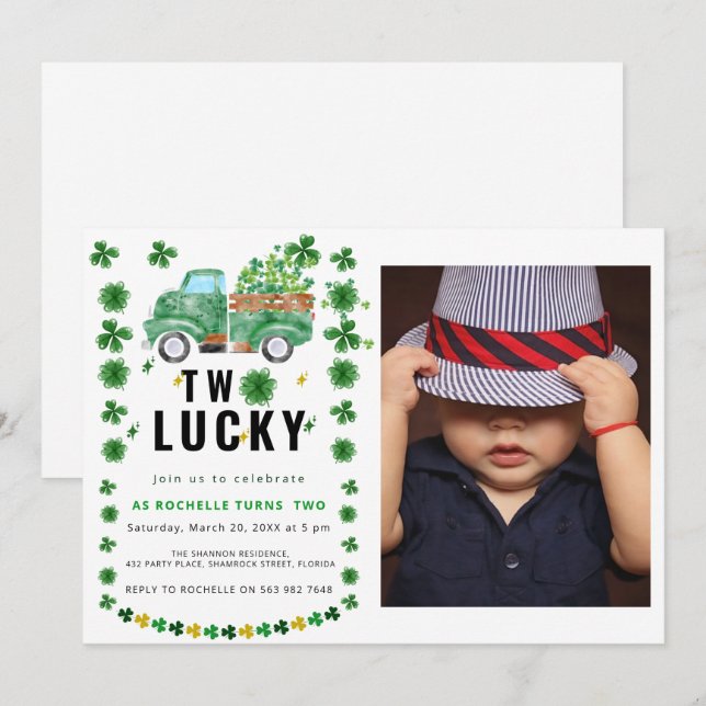 Dois Convites de aniversário Sortudos de Shamrock (Frente/Verso)