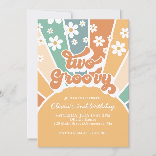 Dois Convites Groovy Retro Sunshine Rainbow Daisy (Frente)