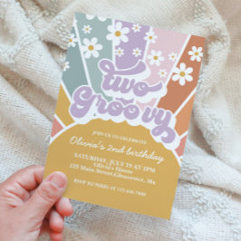 Dois Convites Retro Groovy Sunshine Rainbow Daisy