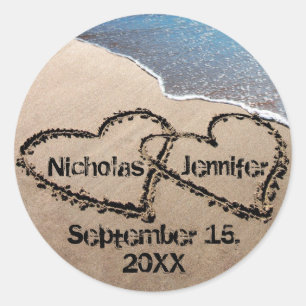 Dois corações nas etiquetas dos selos de areia