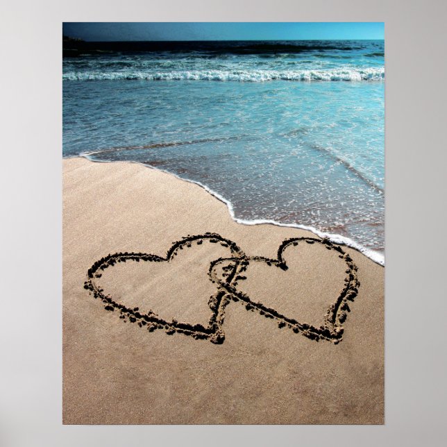 Dois Corações No Poster De Foto Grande Da Areia (Frente)