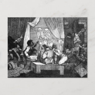 Dois esqueletos inserem um cartão postal de bar