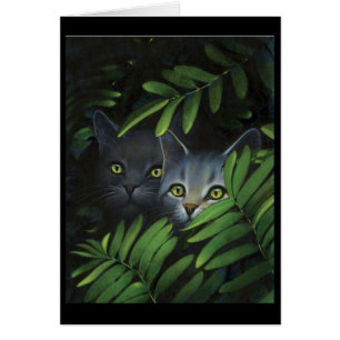 Dois gatos no cartão dos arbustos