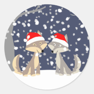 Dois lobos na etiqueta do Natal do inverno