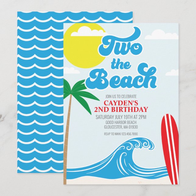 Dois para a Praia Convite de 2º Aniversário Surf B (Frente/Verso)