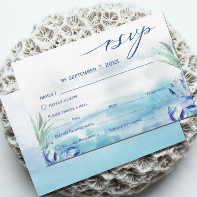 Dois Peixes a Menos no Sea Summer Wedding RSVP Car (This wedding RSVP card features a watercolor teal ocean and dreamy design. )