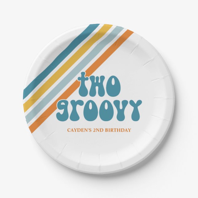 Dois pratos de papel de aniversário retrô Groovy (Frente)