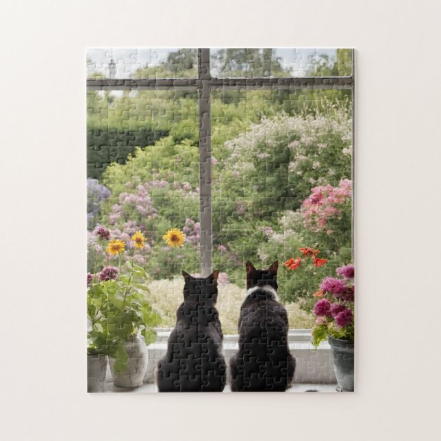 Dois Quebra-cabeça de Flores de Gatos Pretos (Vertical)