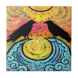 Dois Ravens Sentados e Refletem no Azulejo de Onda