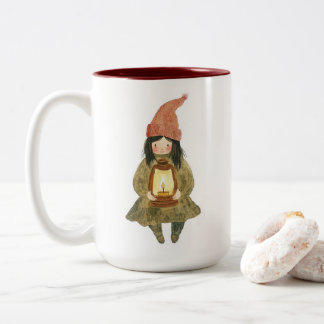Dois Tons Caneca de Café Bicolor com Gnomo Menina em Aquarel