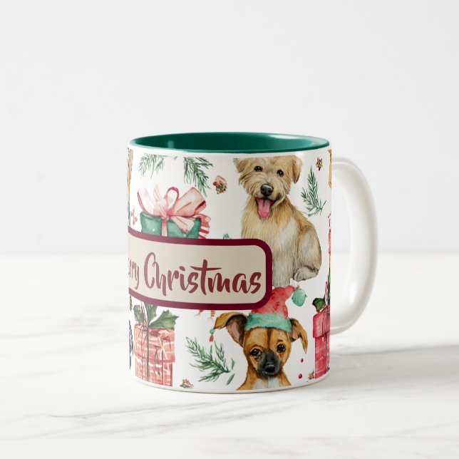 Dois Tons Caneca de Café com Padrão de Cachorrinhos em Aquar (Frente Esquerda)