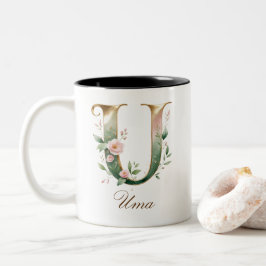 Dois Tons Caneca de Café de Duas Cores com Inicial Floral em