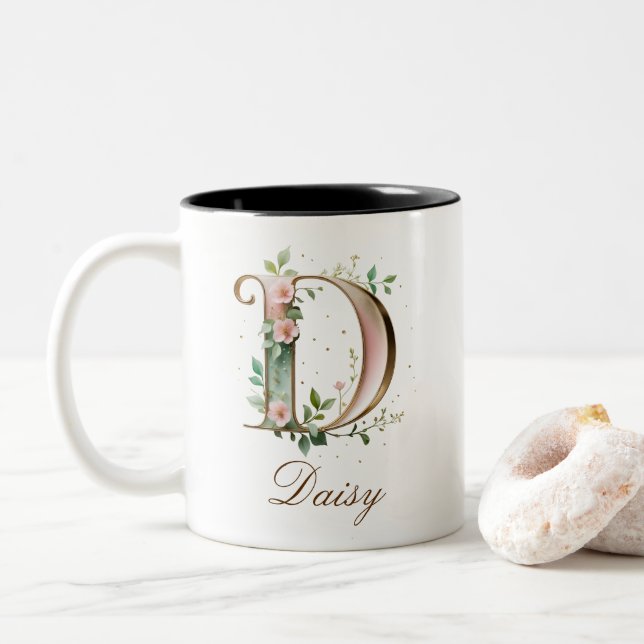 Dois Tons Caneca de Café Luxo Dourada com Floral Inicial em  (Com Donut)