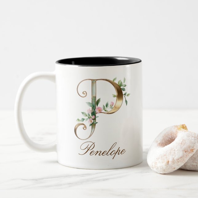 Dois Tons Caneca de Café Luxuosa com Floral e Inicial P em D (Com Donut)