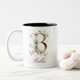 Dois Tons Caneca de Café Luxuosa com Inicial Floral B em Dou
