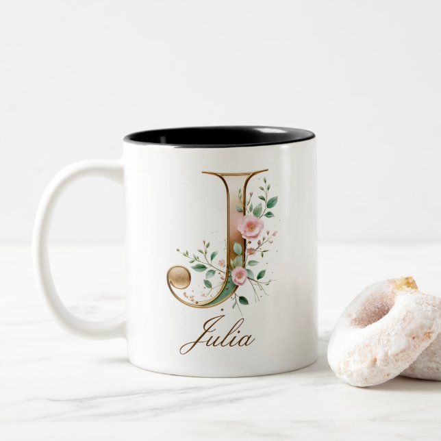 Dois Tons Caneca de Café Luxuosa com Inicial J em Dourado e  (Com Donut)