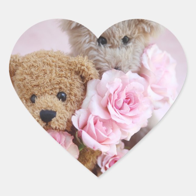 dois ursos peludos segurando rosas com autocolante (Frente)