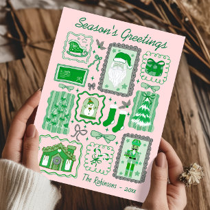 Doodle desenhado à mão verde rosa cartão de natal