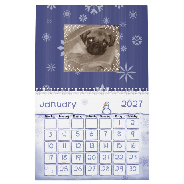 Dos Pugs calendário abundante (Jan 2027)