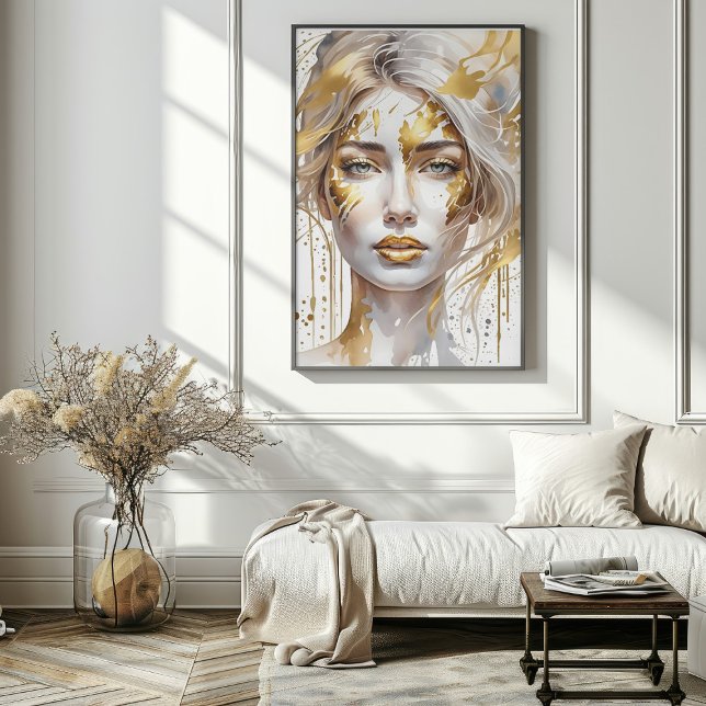 Dourada Abstrato de Watercolor Poster (Beautiful Gold Abstract Watercolor Woman Poster in room)