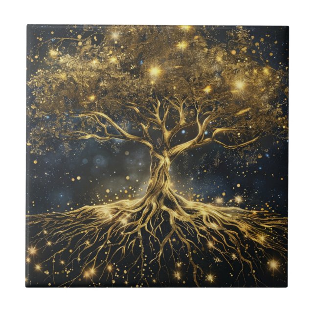 Dourada Árvore da Vida do Azulejo cerâmico da anti (Frente)